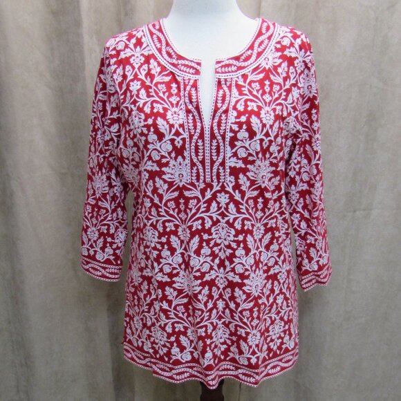 Talbots Tops - Talbots Vintage 100% Soft Cotton Red/White Floral Tunic Top XL